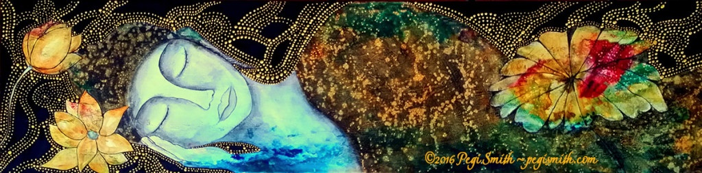 Lotus Dreams : 60 x 15 Acrylic painting on canvas profile of a woman sleeping and a lotus flower with multicolored abstract and black background with gold aborigine-style dot pattern by contemporary fine artist Pegi Smith, Ashland, Oregon.