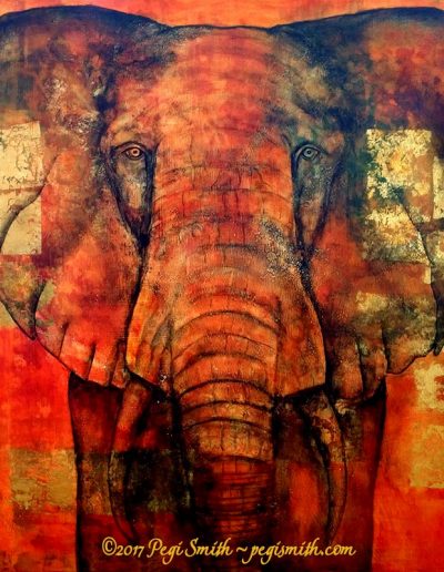 New Year's Elephant - 48 x 48 acrylic on canvas, on display at Liquid Assets in Ashland