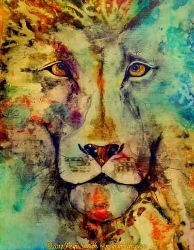 Winter’s Lion, original acrylic painting on canvas by contemporary fine artist Pegi Smith, 2017
