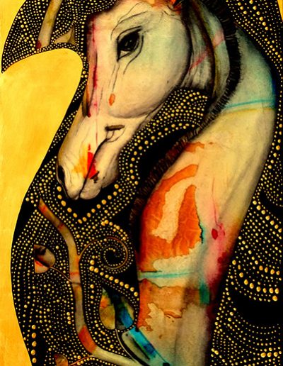 Dreamscapes : Gentle Grace, 18" x 36" Acrylic painting on canvas of a horse in side a crow with intricate aboriginal style dot pattern of gold on black with golden background by contemporary fine artist Pegi Smith, Ashland, Oregon.