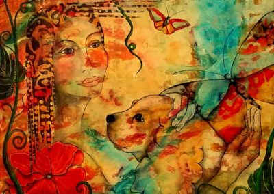 Girl and Her Dog 33 x 33 Acrylic painting on canvas depicting a girl holding a little dog with moths, a flower and botanicals in multicolor abstract colors by contemporary fine artist Pegi Smith, Ashland, Oregon.