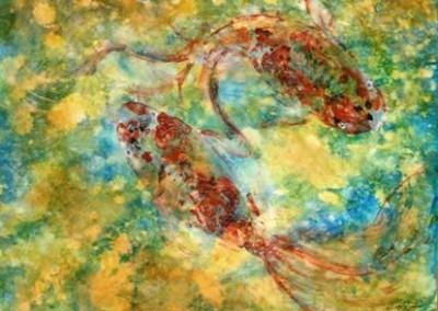 Aquatic Paintings : Koi III, 36" x 60" painting of swimming Koi by Pegi Smith, Ashland, Oregon
