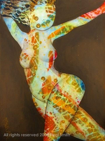 Rainbow Tribe : Playful Dancer, abstract female nude painting by contemporary fne artist Pegi Smith, Ashland, Oregon