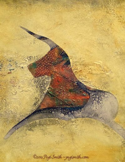 Dreamscapes : Primitive at Heart, 24" x 24" Abstract acrylic painting on canvas of an ancient bull figure with golden and multicolored abstract backgrounds by contemporary fine artist Pegi Smith, Ashland, Oregon.