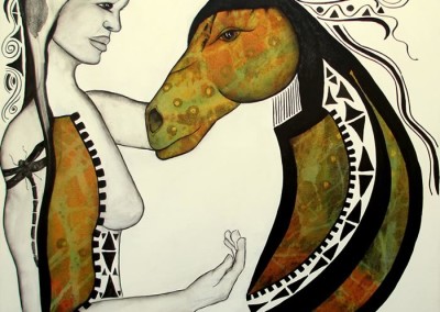 Another Dimension : Sentient, abstract painting of a woman with a dragonfly tattoo and a horse with a raven headdress by contemporary fine artist Pegi Smith.