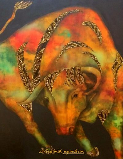Taurus, 4' x 4' Acrylic painting on canvas - powerful image of a charging bull in multicolor abstract colors and gold aborigine-style dot pattern on black background by contemporary fine artist Pegi Smith, Ashland, Oregon.