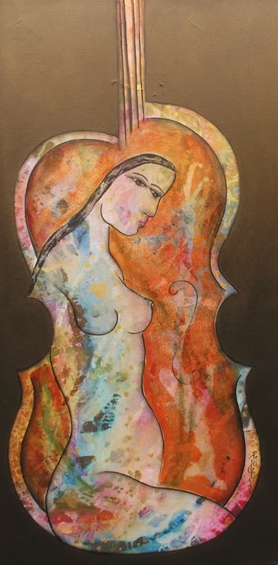 Rainbow Tribe : Within the Music, abstract female nude with violin, painting by contemporary fne artist Pegi Smith, Ashland, Oregon
