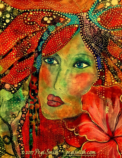Ginger (Garden Girl 1), 20 x 20 Acrylic painting on canvas - image of a woman surrounded by flowers in multicolor abstract colors and gold aborigine-style dot pattern with predominant red with green hues by contemporary fine artist Pegi Smith, Ashland, Oregon.