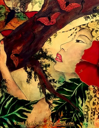 Butterfly, 40 x 30 Acrylic painting on canvas - Painting #11 in the Garden Girls series, this painting shows a woman with a large red hibiscus flower in her hair reaching up to a butterfly hiding in the branches of a tree. Predominant gold colors with red and green on a gold background by contemporary fine artist Pegi Smith, Ashland, Oregon.