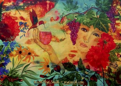 Claudia, 40 x 25 Acrylic painting on canvas - Painted by commission, Claudia wears a crown of grape leaves and a cluster of magenta-violet grapes. She is surrounded by lush greenery with a grapevine and flowers - red peonies, blue delphinium and more, with a dragonfly visiting and a hummingbird sipping from the glass of wine she holds out in her hand. Colorful palette with gold and sky blue background by contemporary fine artist Pegi Smith, Ashland, Oregon.
