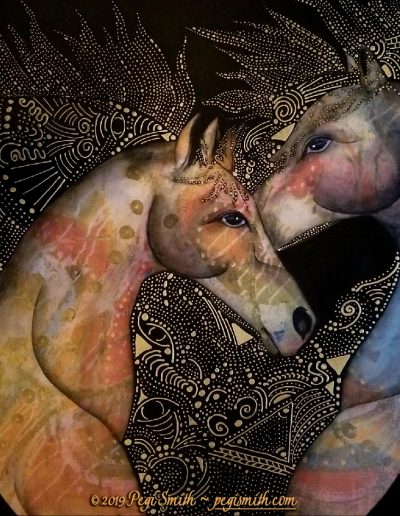 Equine Art: Love, 36 x 36 acrylic painting on canvas depicting two horses in an abstract style
