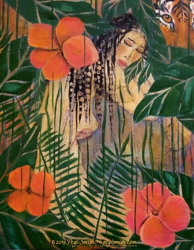 She Dreams, 20 x 40 acrulic paointing of a woman sleeping in a jungle with flowers by Pegi Smith