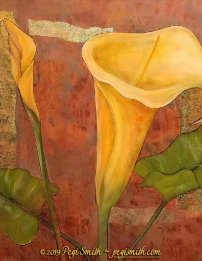 Lily, 40 x 40 acrulic painting of golden lilies by Pegi smith, May 2019