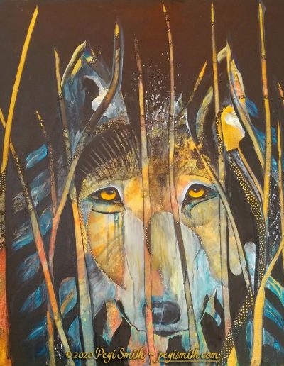 Spirit of the Wolf, 30 x 30 acrylic on canvas painting of a wolf by Pegi Smith, 2020