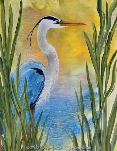Heron by the Lake, acrylic painting by Pegi Smith