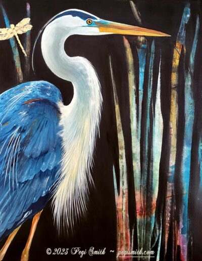Heron with Dragonfly, acrylic on canvas by Pegi Smith