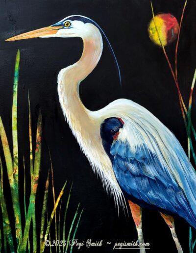 Heron with Red Moon, acrylic on canvas by Pegi Smith