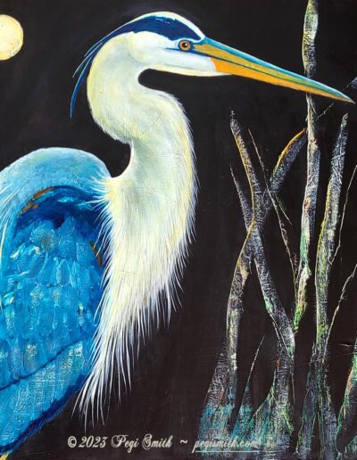Heron with Full Moon, acrylic on canvas by Pegi Smith