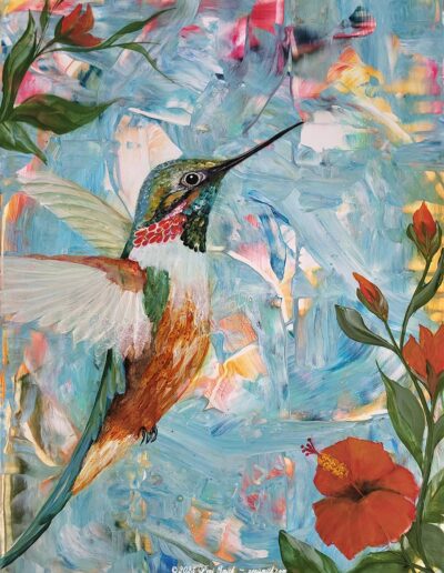 Hummingbird, 24 x 18 painting by Pegi Smith, 2023.