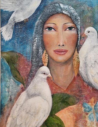 Under the Light of the Moon She Sings the Song of the Doves. 36" x 18"Acrylic on Canvas by Pegi Smith, 2024.